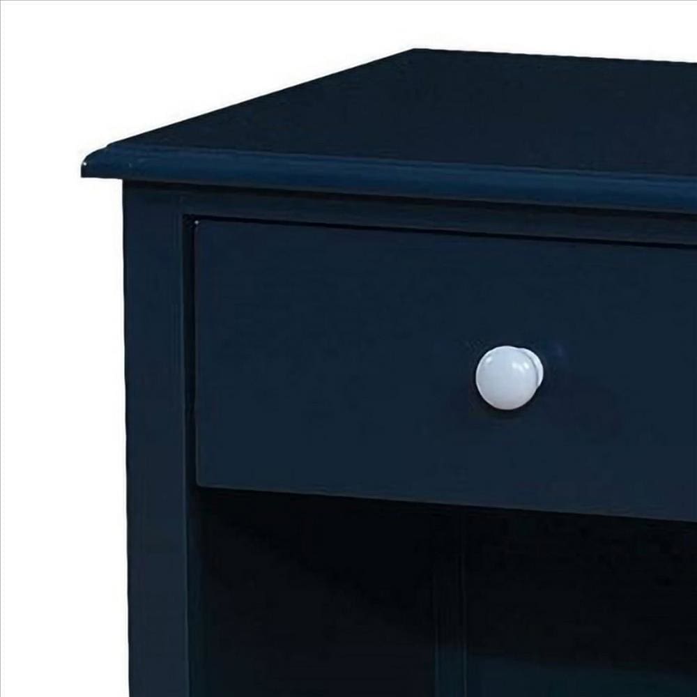 Transitional 1 Drawer Wooden Nightstand with Open Compartment Blue By Casagear Home BM239794