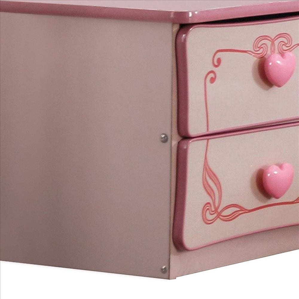 2 Drawer Wooden Nightstand with Heart Knob Pulls Pink By Casagear Home BM239802