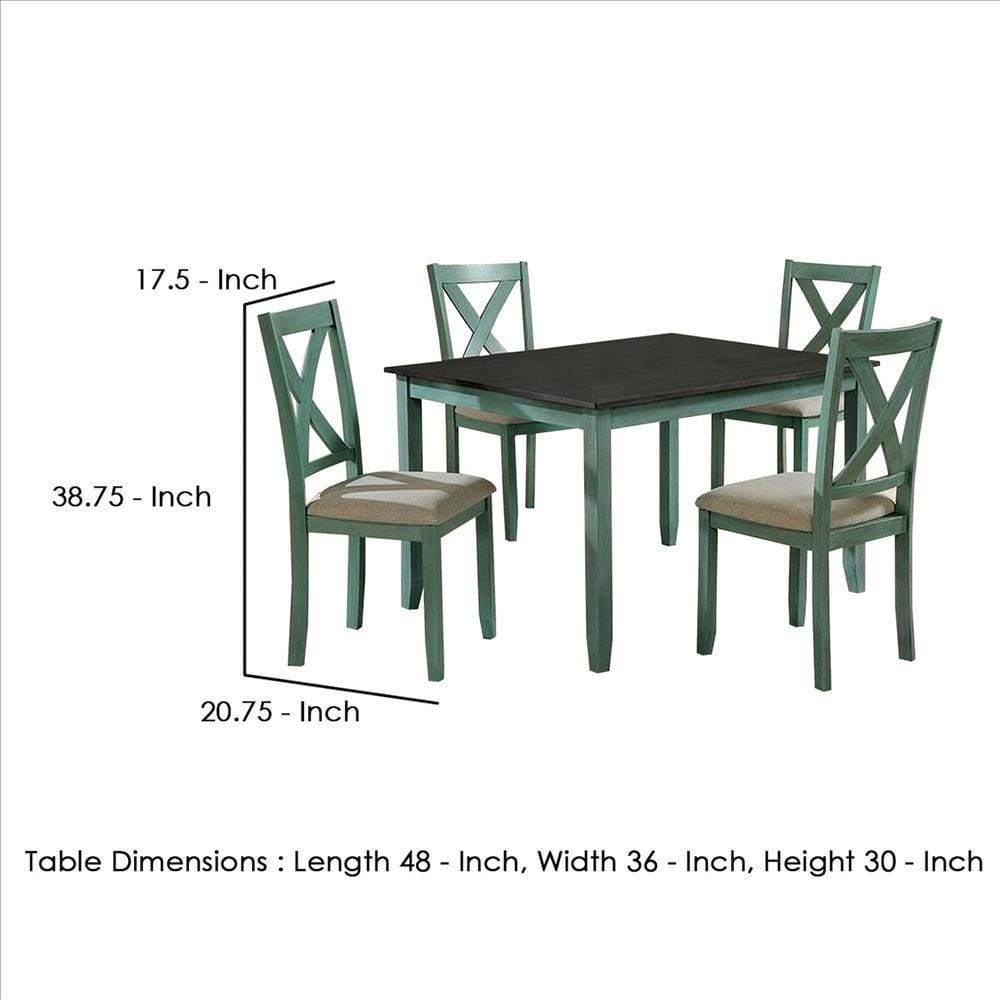 5 Piece Dining Table Set with Padded Seat and X Back Green By Casagear Home BM239814