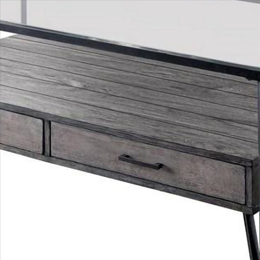 48 Inch Metal Coffee Table with Glass Top and 2 Drawers Gray By Casagear Home BM239837