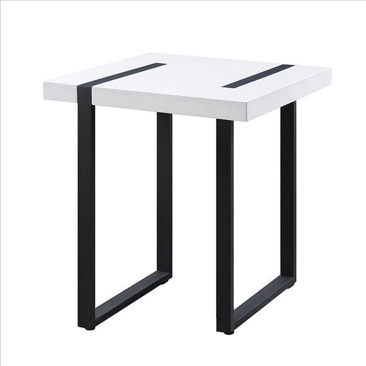 Two Tone Modern End Table with Metal Legs, White and Black By Casagear Home