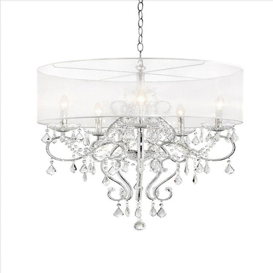 32 Inch Ceiling Lamp with Hanging Crystals, Round Canopy, Silver By Casagear Home