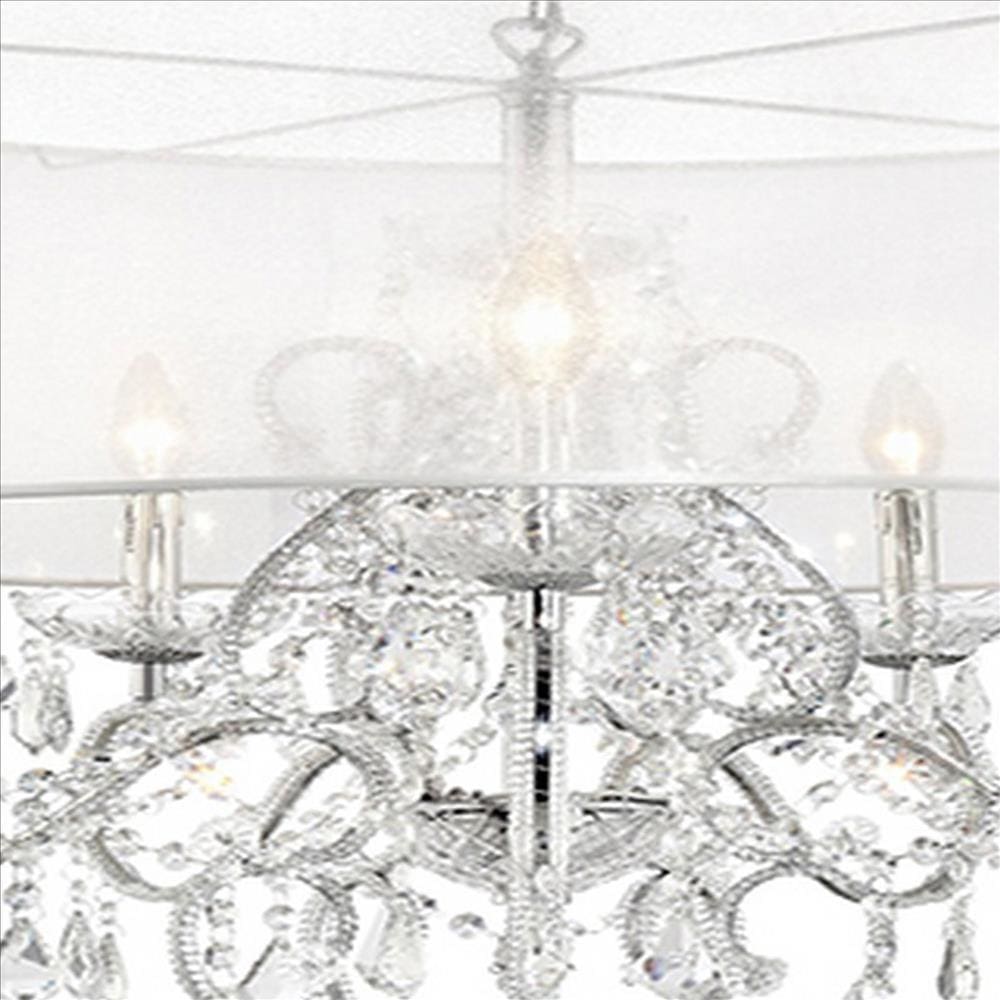 Ceiling Lamp with Hanging Crystals and Round Canopy Silver By Casagear Home BM240301