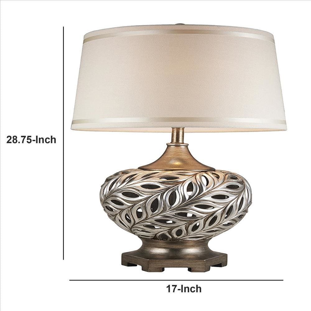 Table Lamp with Scrolled Peacock Feather Cutout Base Silver By Casagear Home BM240303