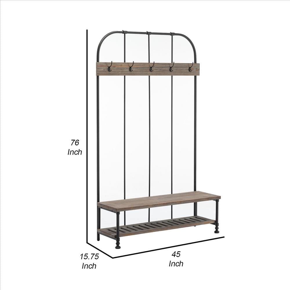 Wood and Metal Industrial Hall Tree with Bench Brown By Casagear Home BM240825