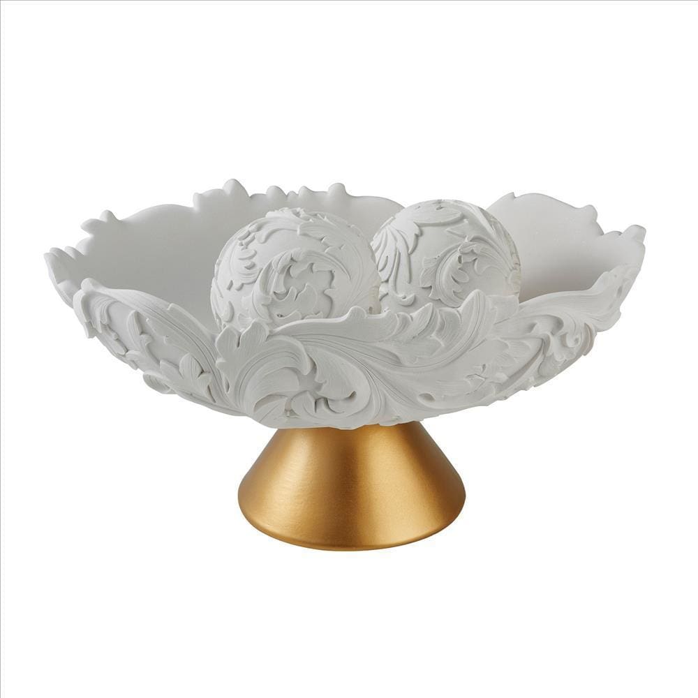 Bowl with Baroque Scroll Design with 2 Spheres, White By Casagear Home