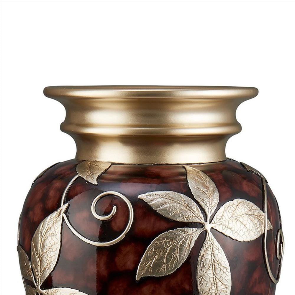 Decor Vase with Urn Shape Body and Foliage Pattern Brown By Casagear Home BM240873