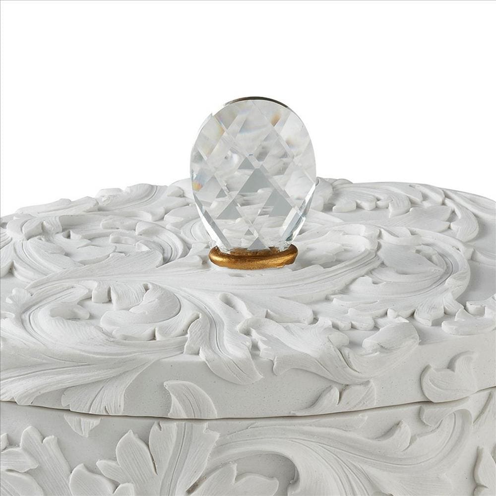 Jewelry Box with Baroque Scroll Design and Crystal Accent White By Casagear Home BM240880