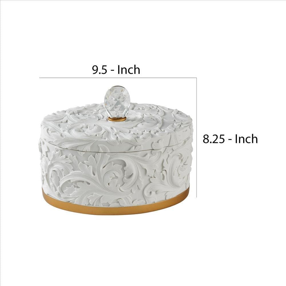 Jewelry Box with Baroque Scroll Design and Crystal Accent White By Casagear Home BM240880