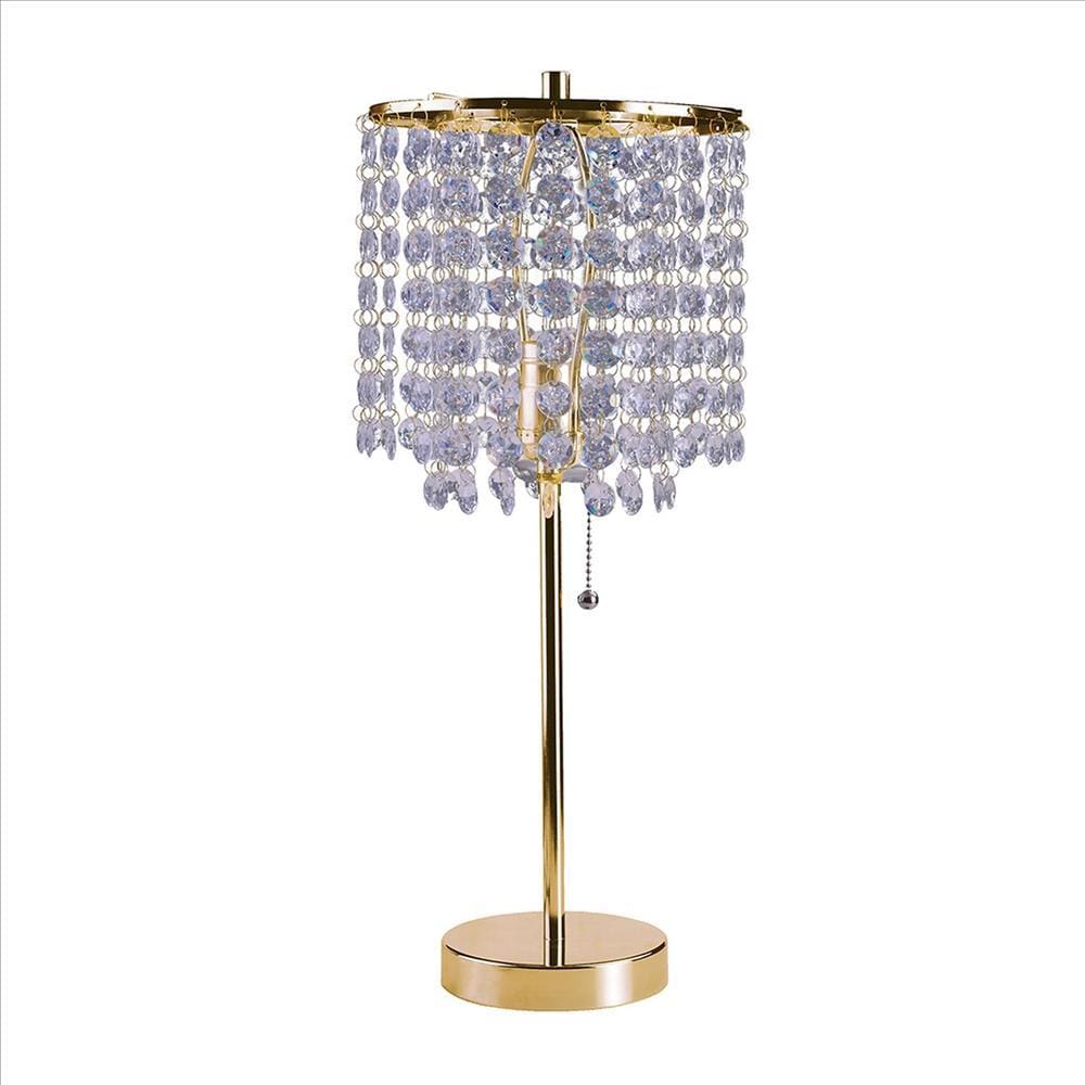 Metal Stalk Design Table Lamp with Hanging Crystals Shade, Gold By Casagear Home