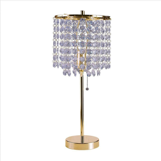 Metal Stalk Design Table Lamp with Hanging Crystals Shade, Gold By Casagear Home