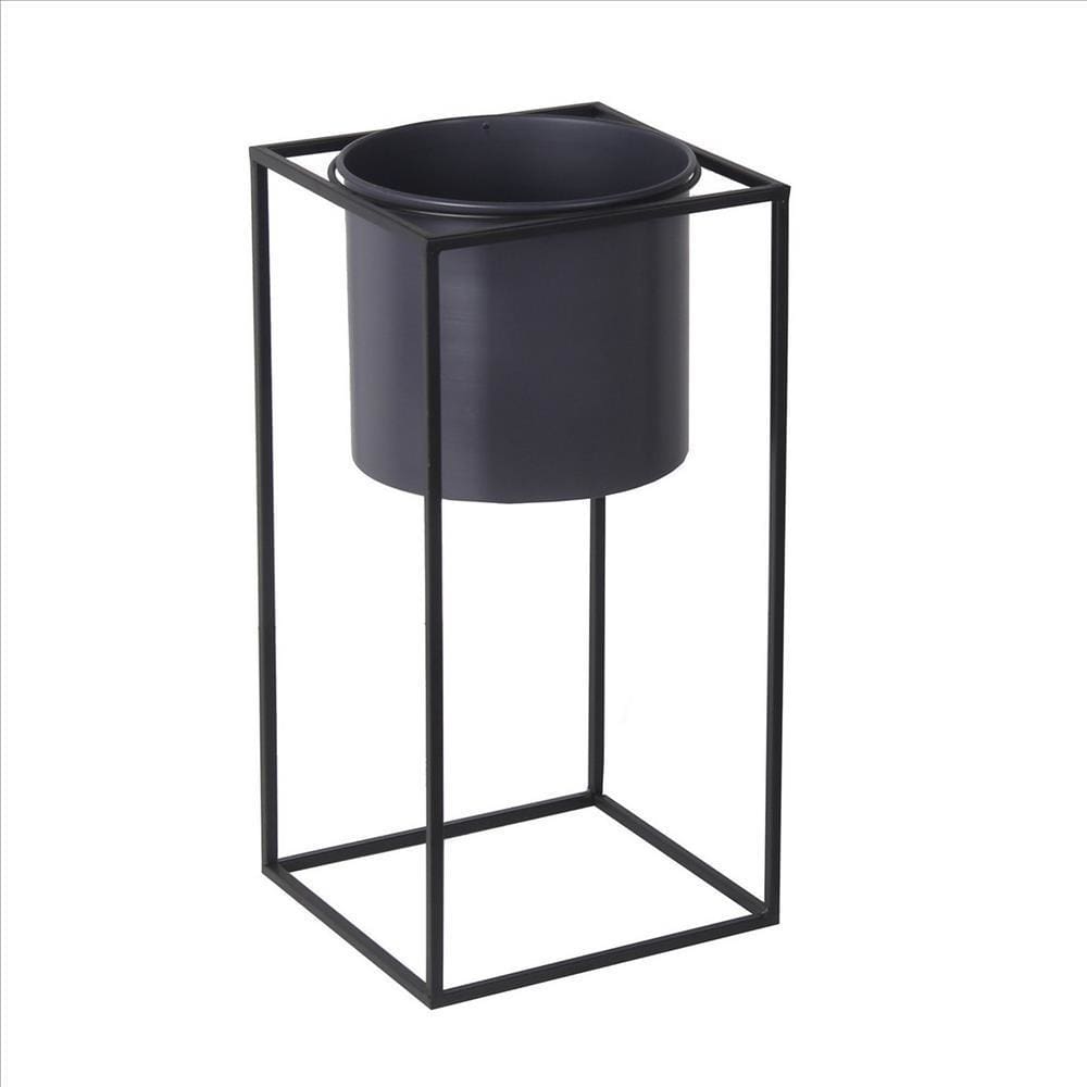 Metal Round Planter with Square Base Set of 2 Black and Gray By Casagear Home BM240981