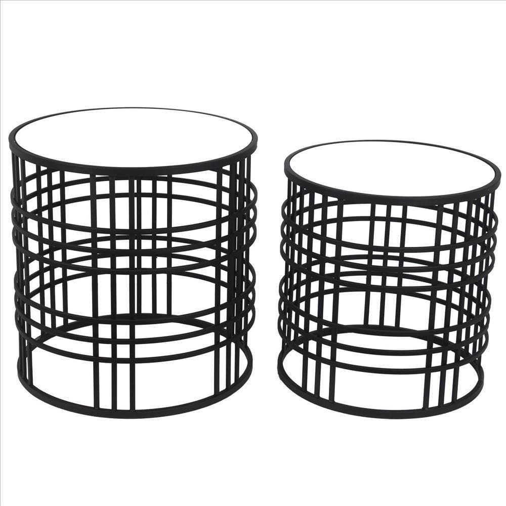 Mirrored Top Round Accent Table with Open Base, Set of 2, Black By Casagear Home