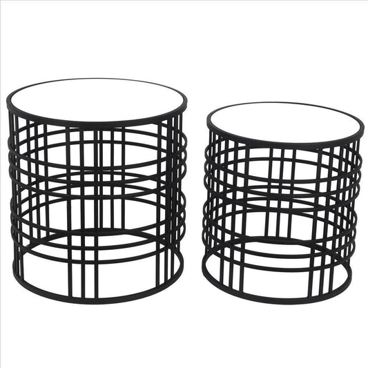 Mirrored Top Round Accent Table with Open Base, Set of 2, Black By Casagear Home