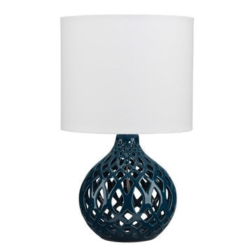 Table Lamp with Ceramic Bellied Body and Fretwork Pattern, Blue By Casagear Home