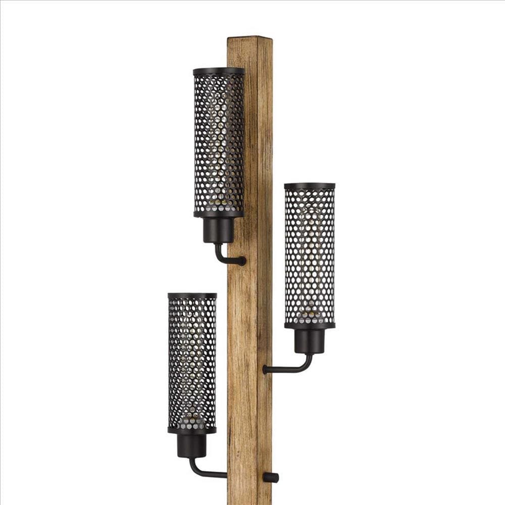 Wooden Floor Lamp with 3 Metal Mesh Shades Brown and Black BM241796