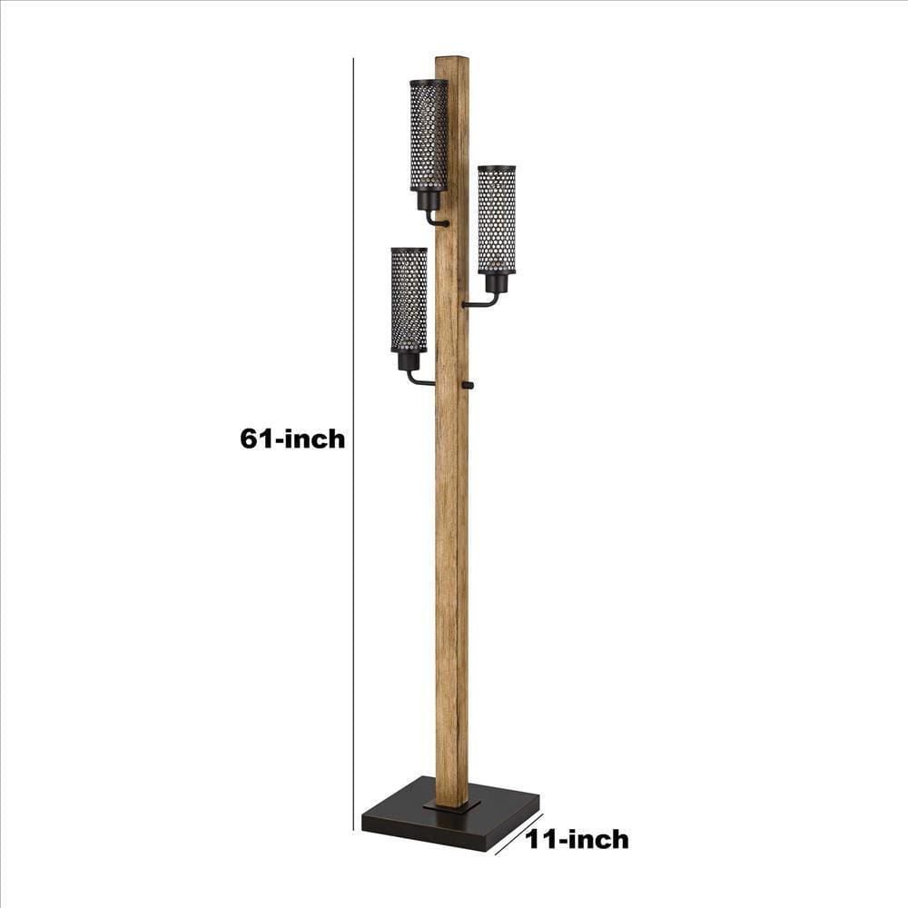 Wooden Floor Lamp with 3 Metal Mesh Shades Brown and Black BM241796