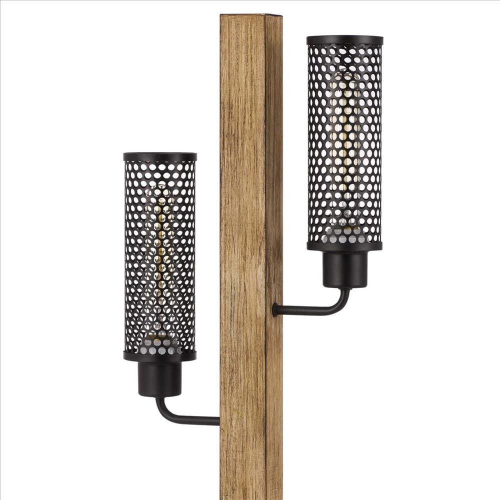 Wooden Table Lamp with 2 Metal Mesh Shades Brown and Black BM241805