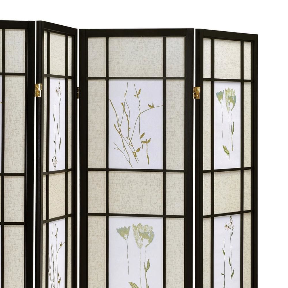 4 Panel Screen with Floral Print Detailing and Wooden Frame Black By Casagear Home BM242729