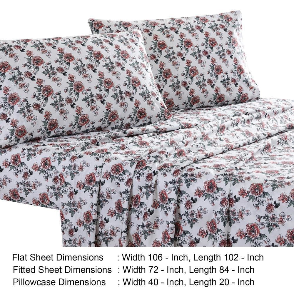 Veria 4 Piece Rose Print California King Bedsheet Set The Urban Port White and Pink By Casagear Home BM242754