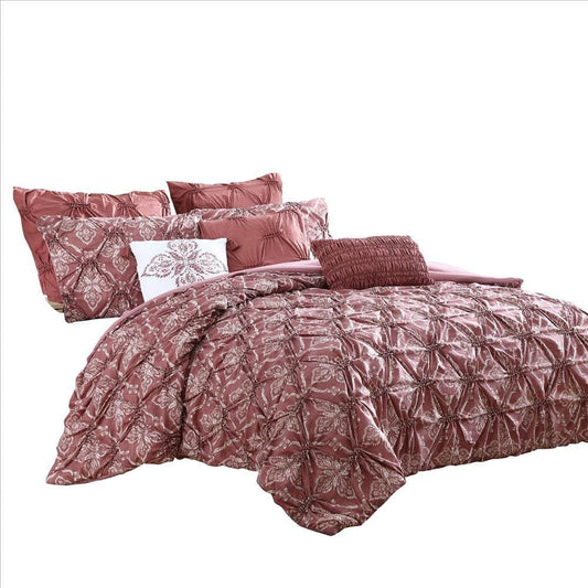 Veria 8 Piece Queen Comforter Set with Printed Microfiber Fabric The Urban Port, Pink By Casagear Home