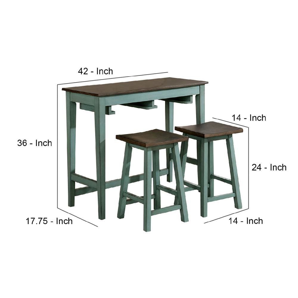 3 Piece Bar Table Set with Contoured Seat Antique Blue and Brown By Casagear Home BM245923