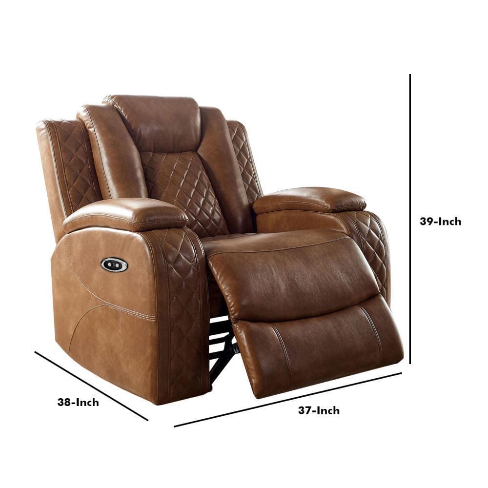 Leatherette Power Recliner with Stitched Diamond Pattern Brown By Casagear Home BM245942