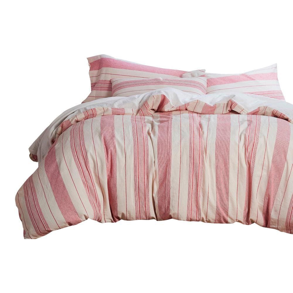 3 Piece Queen Comforter Set with Vertical Stripes Pattern White and Pink By Casagear Home BM246983