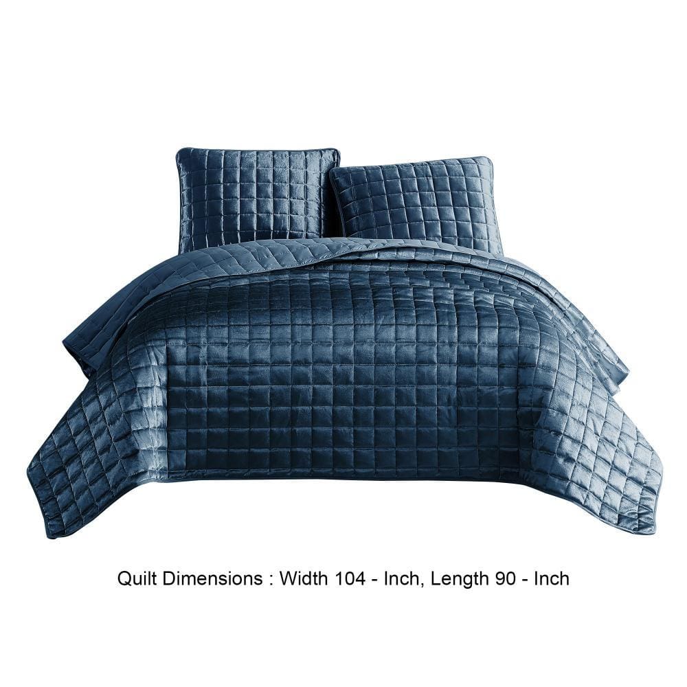 3 Piece King Coverlet Set with Stitched Square Pattern Blue By Casagear Home BM246987