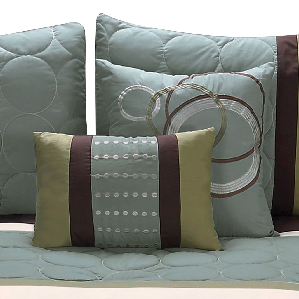 6 Piece King Comforter Set with Pleats and Embroidery Green and Blue By Casagear Home BM247005