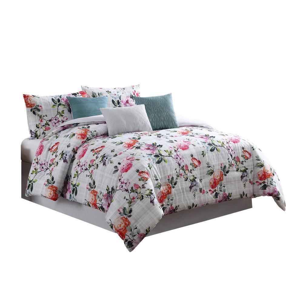 7 Piece Queen Comforter Set with Watercolor Floral Print Multicolor By Casagear Home BM247010