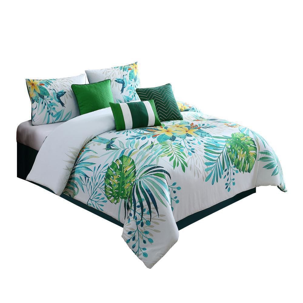 7 Piece Queen Comforter Set with Printed Tropical Leaves Green By Casagear Home BM247011