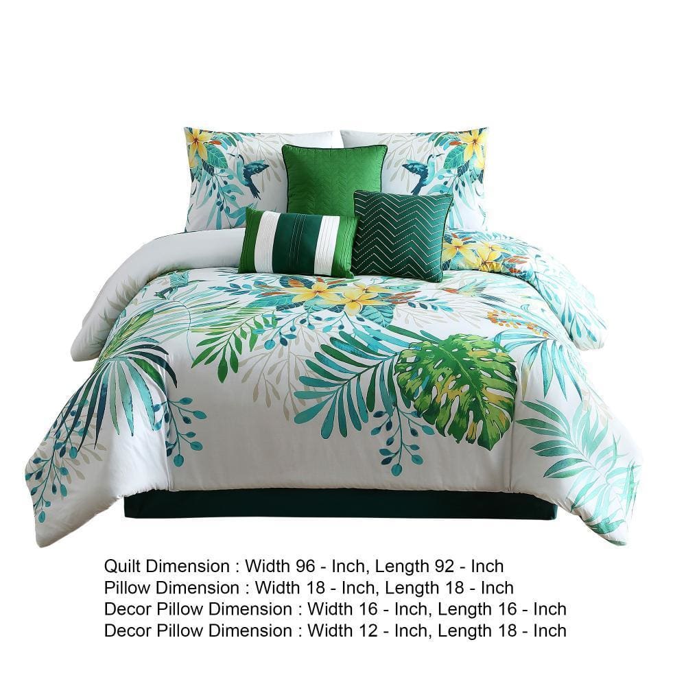 7 Piece Queen Comforter Set with Printed Tropical Leaves Green By Casagear Home BM247011