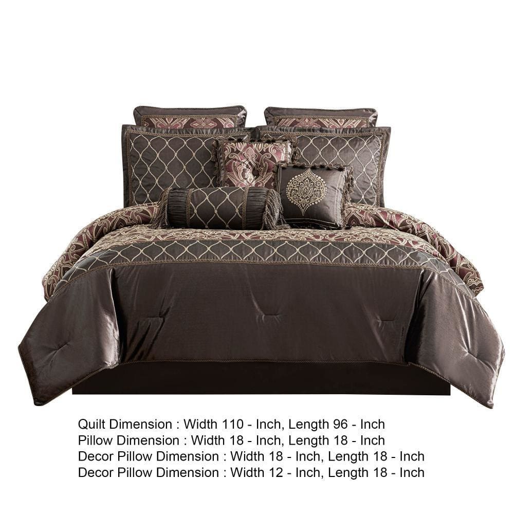 10 Piece King Comforter Set with Geometric Print Dark Brown By Casagear Home BM247031