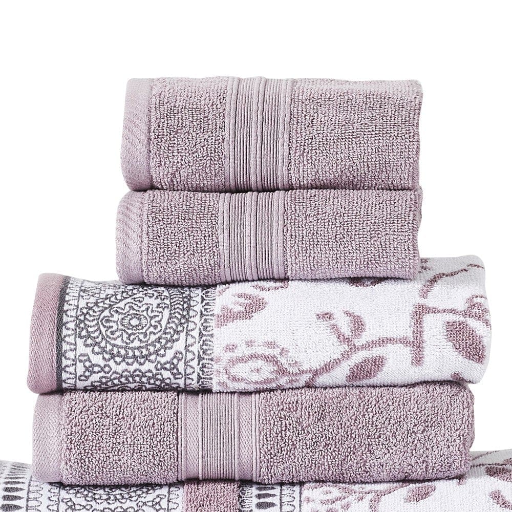 Veria 6 Piece Towel Set with Paisley and Floral Motif Pattern The Urban Port Purple By Casagear Home BM250060