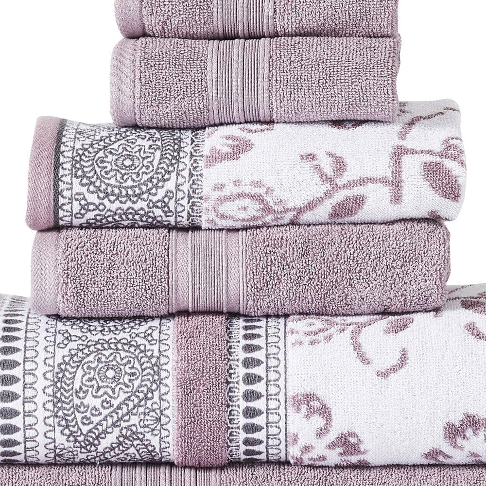 Veria 6 Piece Towel Set with Paisley and Floral Motif Pattern The Urban Port Purple By Casagear Home BM250060