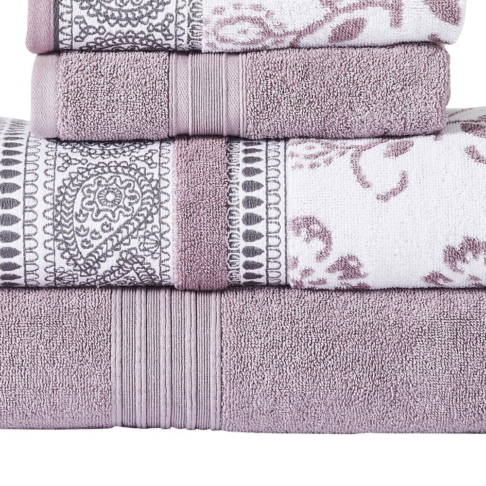 Veria 6 Piece Towel Set with Paisley and Floral Motif Pattern The Urban Port Purple By Casagear Home BM250060