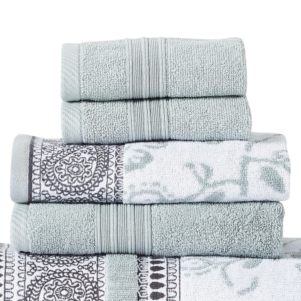 Veria 6 Piece Towel Set with Paisley and Floral Pattern The Urban Port Sage Blue By Casagear Home BM250061