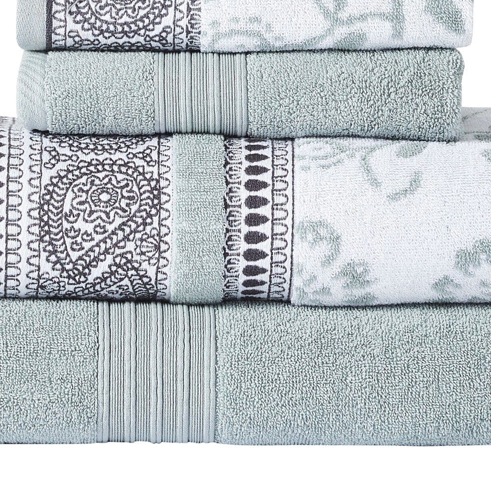 Veria 6 Piece Towel Set with Paisley and Floral Pattern The Urban Port Sage Blue By Casagear Home BM250061