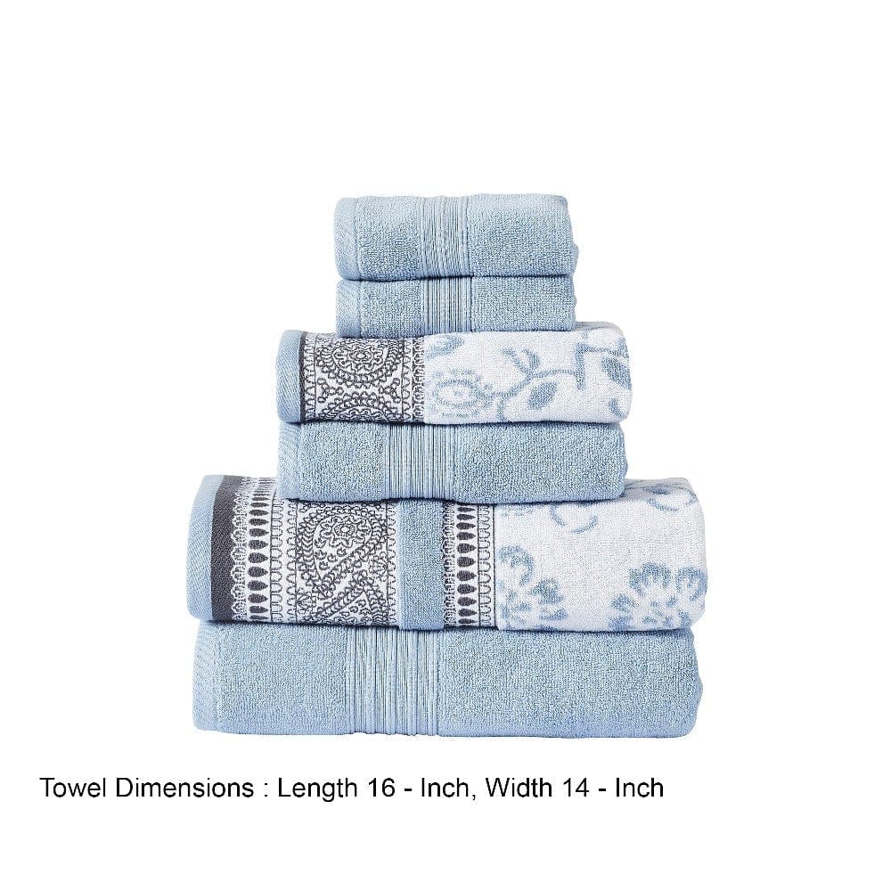 Veria 6 Piece Towel Set with Paisley and Floral Pattern The Urban Port Blue By Casagear Home BM250062