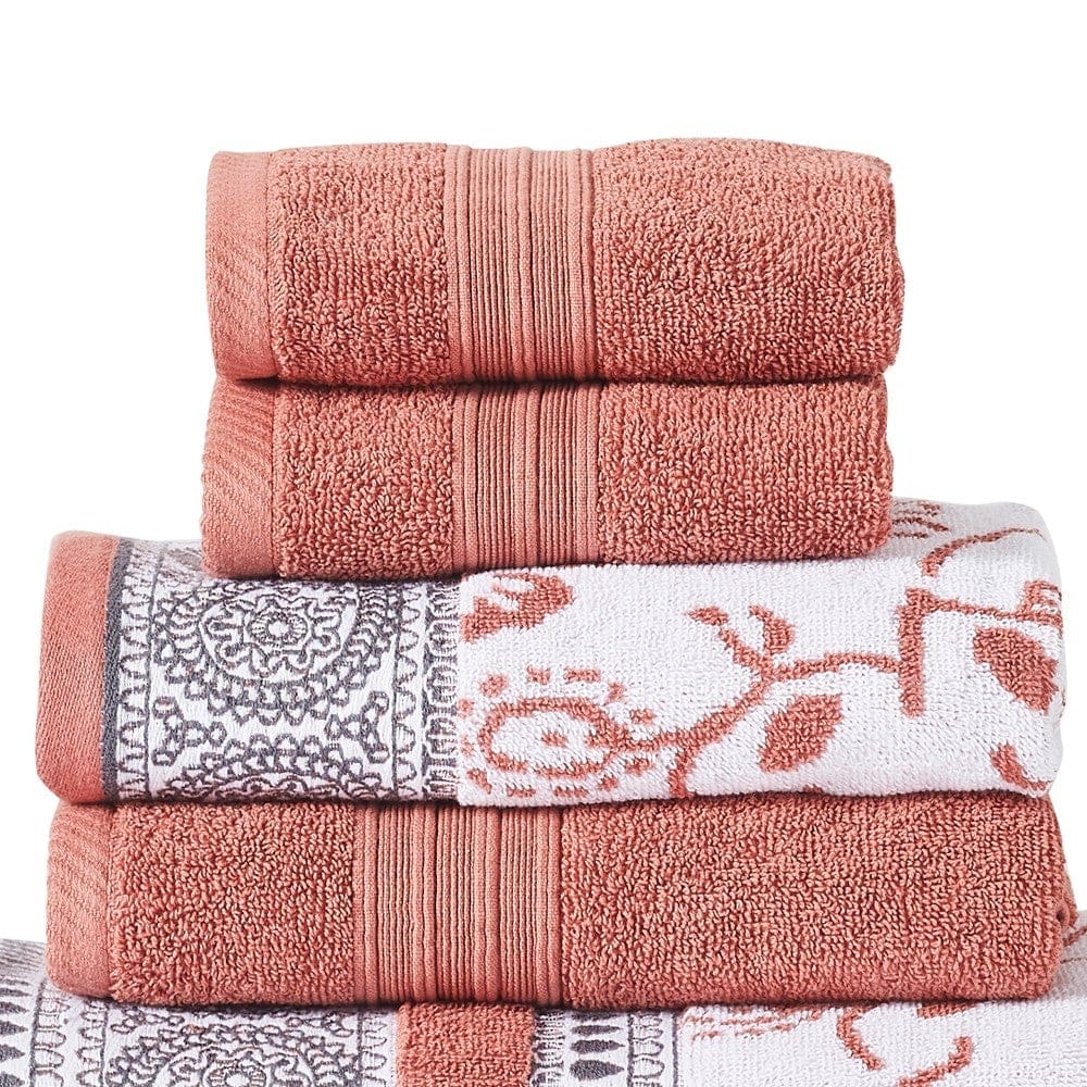 Veria 6 Piece Towel Set with Paisley and Floral Pattern The Urban Port Peach By Casagear Home BM250063