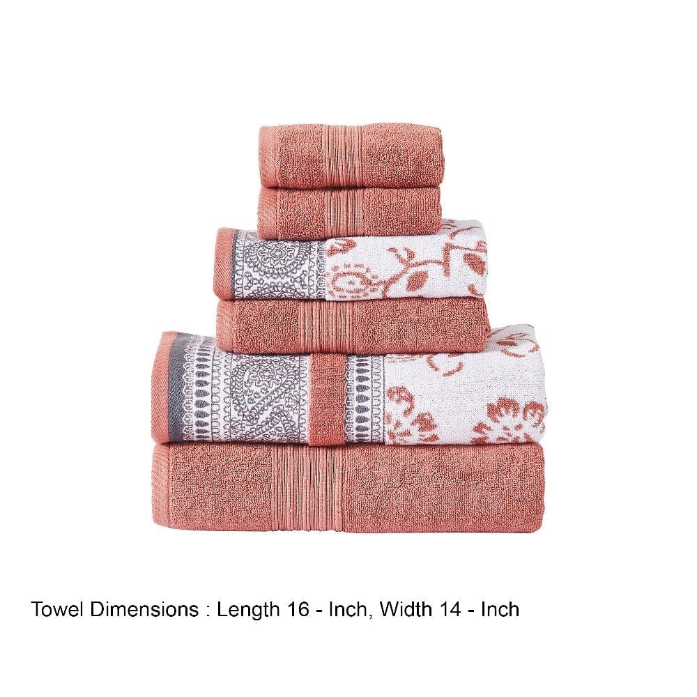 Veria 6 Piece Towel Set with Paisley and Floral Pattern The Urban Port Peach By Casagear Home BM250063