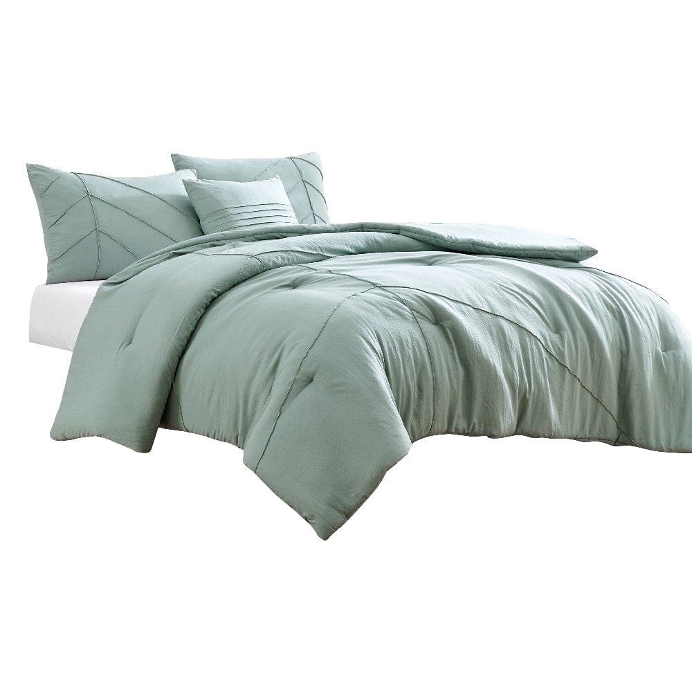 Veria 4 Piece Queen Comforter Set with Leaf Vein Stitching The Urban Port, Green By Casagear Home