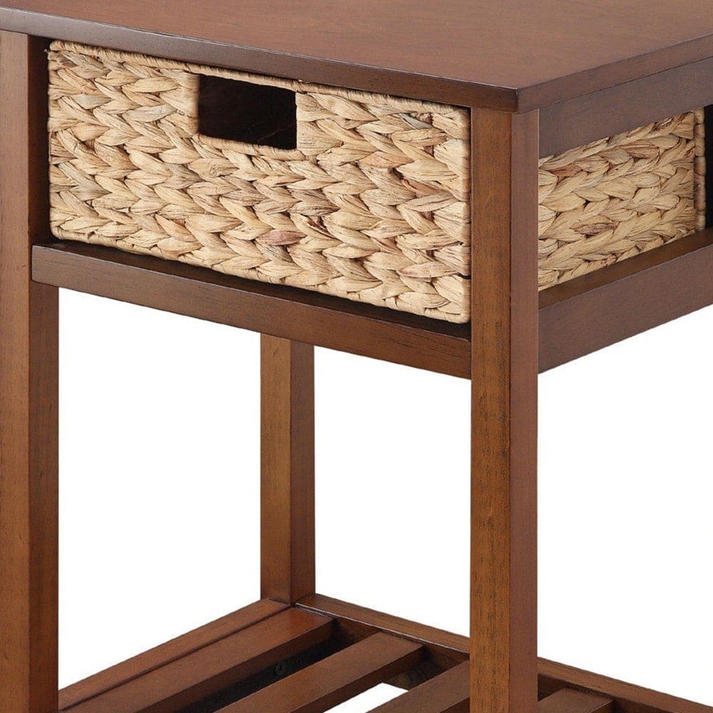 MDF Accent Table with Rattan Storage Basket and Slatted Shelf Brown By Casagear Home BM250178