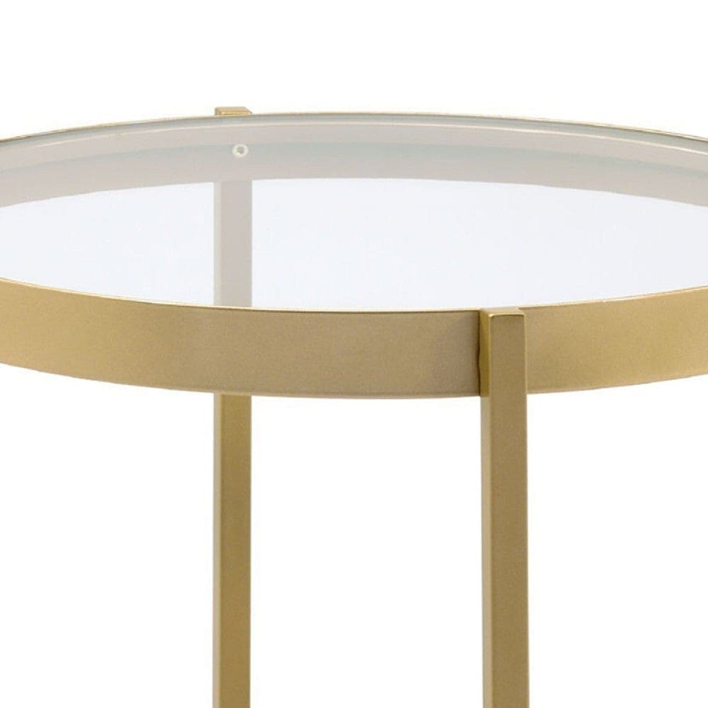 End Table with Round Glass Top and Metal Frame Gold By Casagear Home BM250228