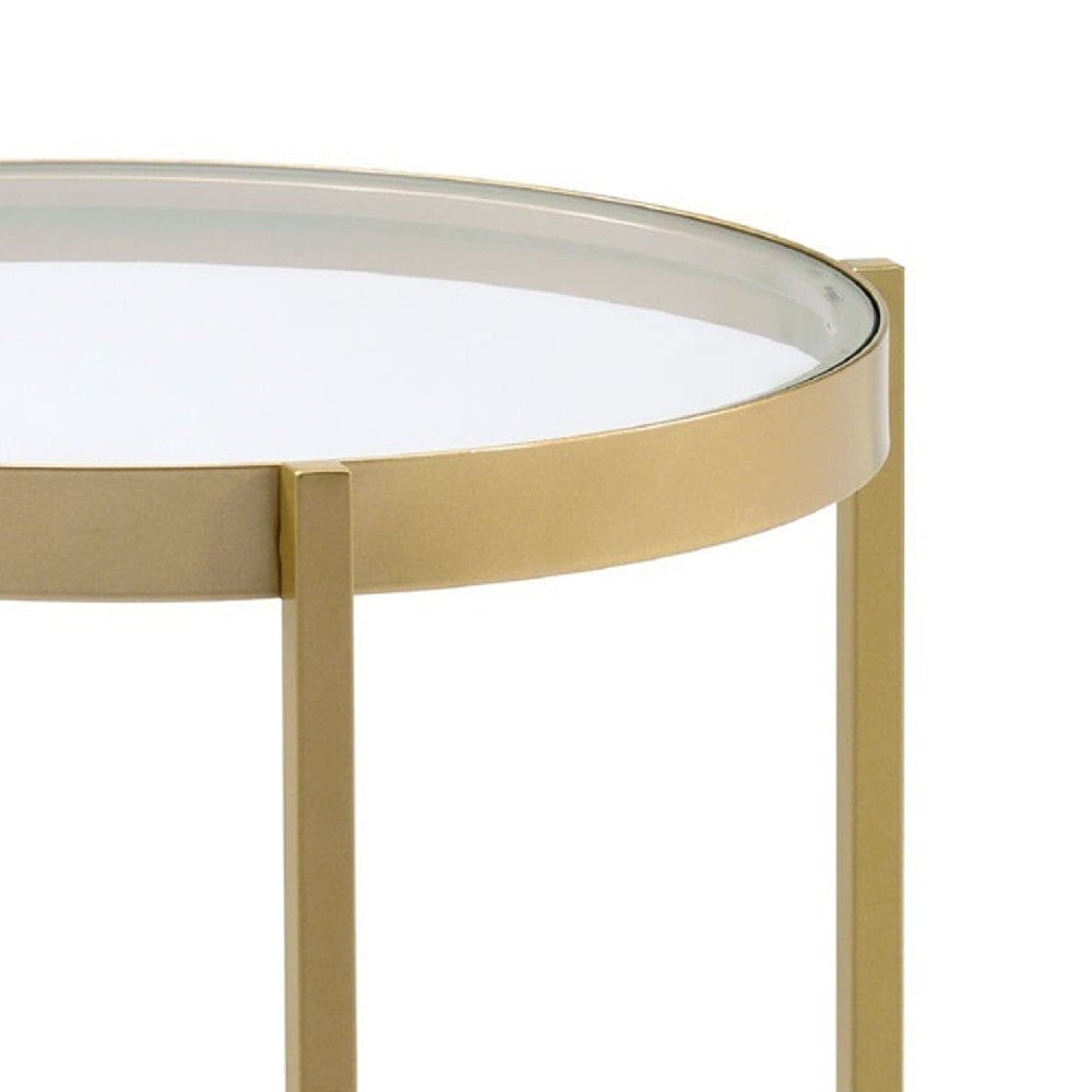 End Table with Round Glass Top and Metal Frame Gold By Casagear Home BM250228