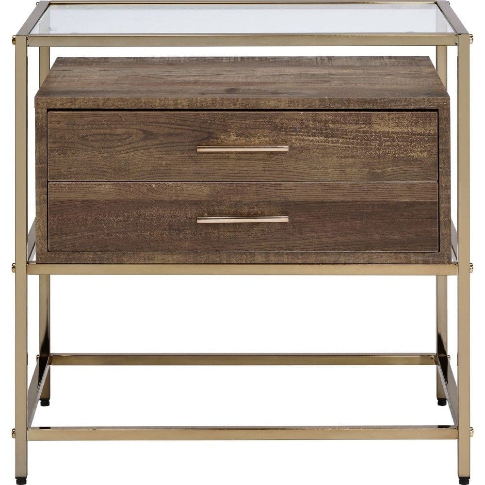 Accent Table with 2 Drawers and Metal Frame Glass Top Brown and Gold By Casagear Home BM250320