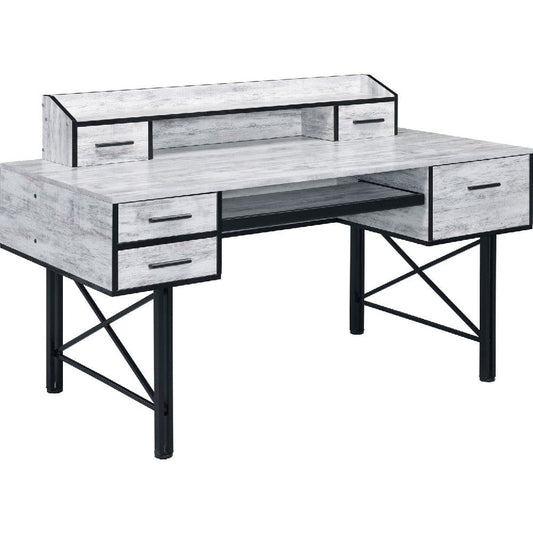 Computer Desk with 5 Drawers and Grains, Antique White and Black By Casagear Home