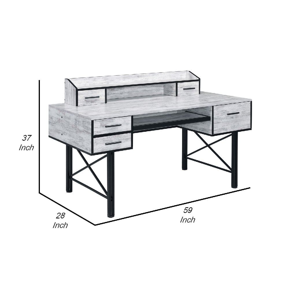 Computer Desk with 5 Drawers and Grains Antique White and Black By Casagear Home BM250379