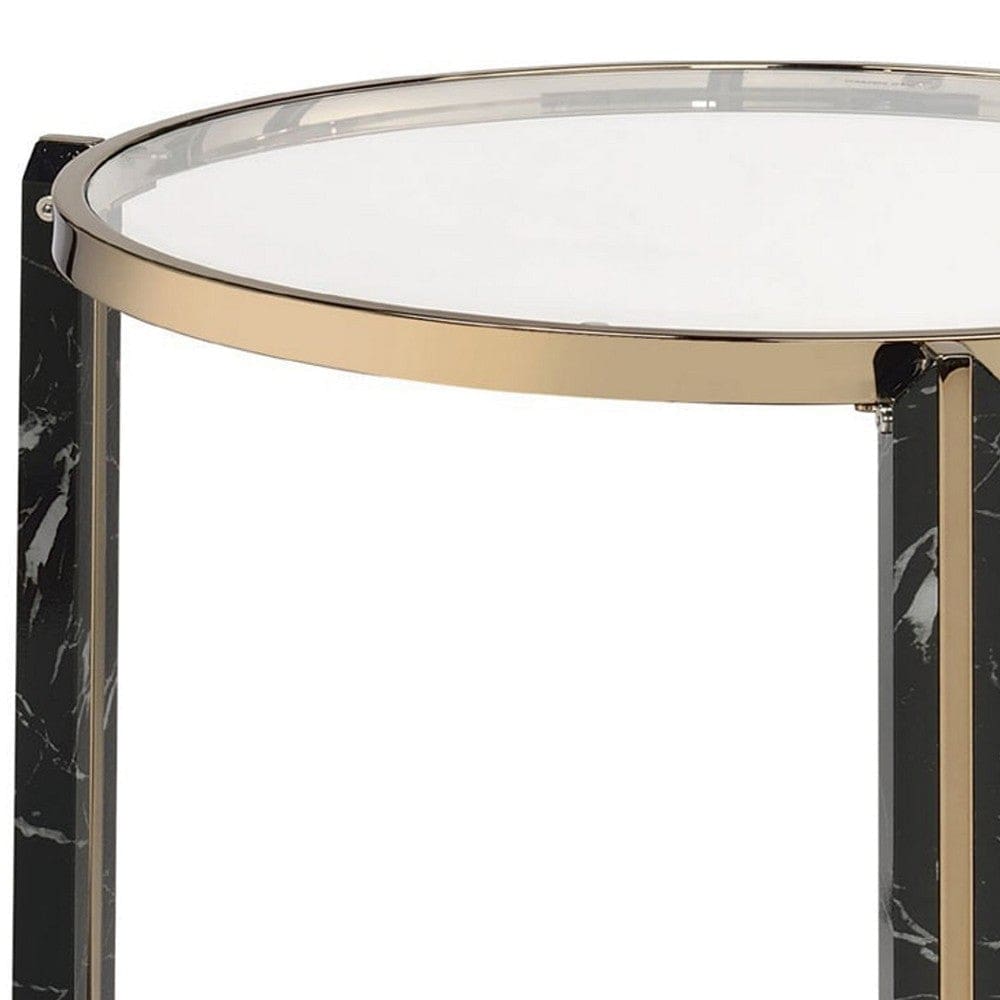 End Table with Glass Top and Faux Marble Shelf Black and Gold By Casagear Home BM250391